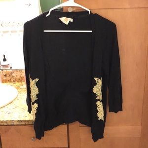 Black cardigan from Anthropologie with gold trim